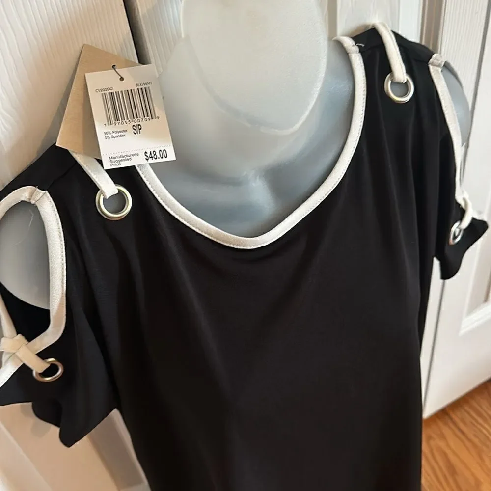 Carmen Marc Valvo Black White Peep Shoulder Top Shirt Blouse Medium M NWT - Picture 4 of 5